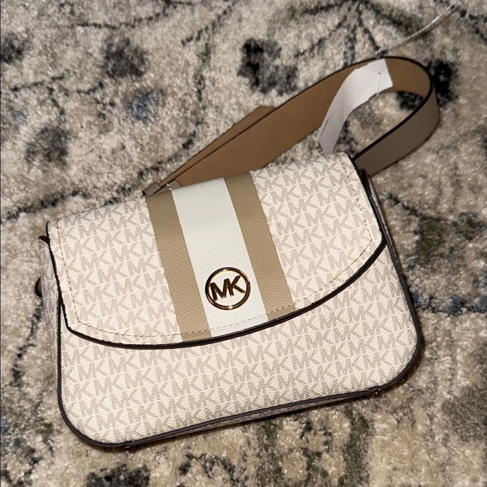 Michael Kors White and Taupe Monogram Crossbody Belt Bag
